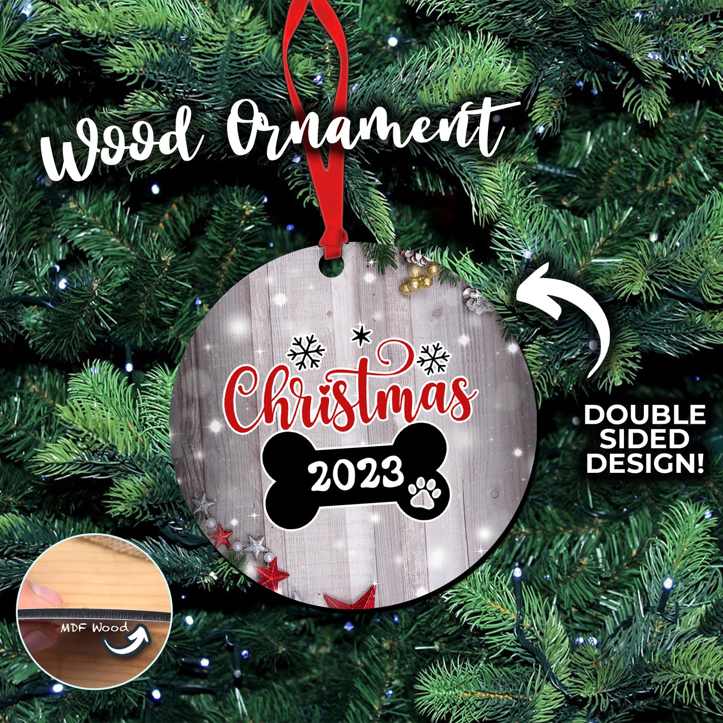 2023 Christmas Pet Bone - Double Sided Wooden Ornament