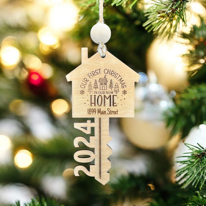 2024 Custom Laser Engraved “Our First Christmas in Our New Home” Wood Ornament – Personalized with Address