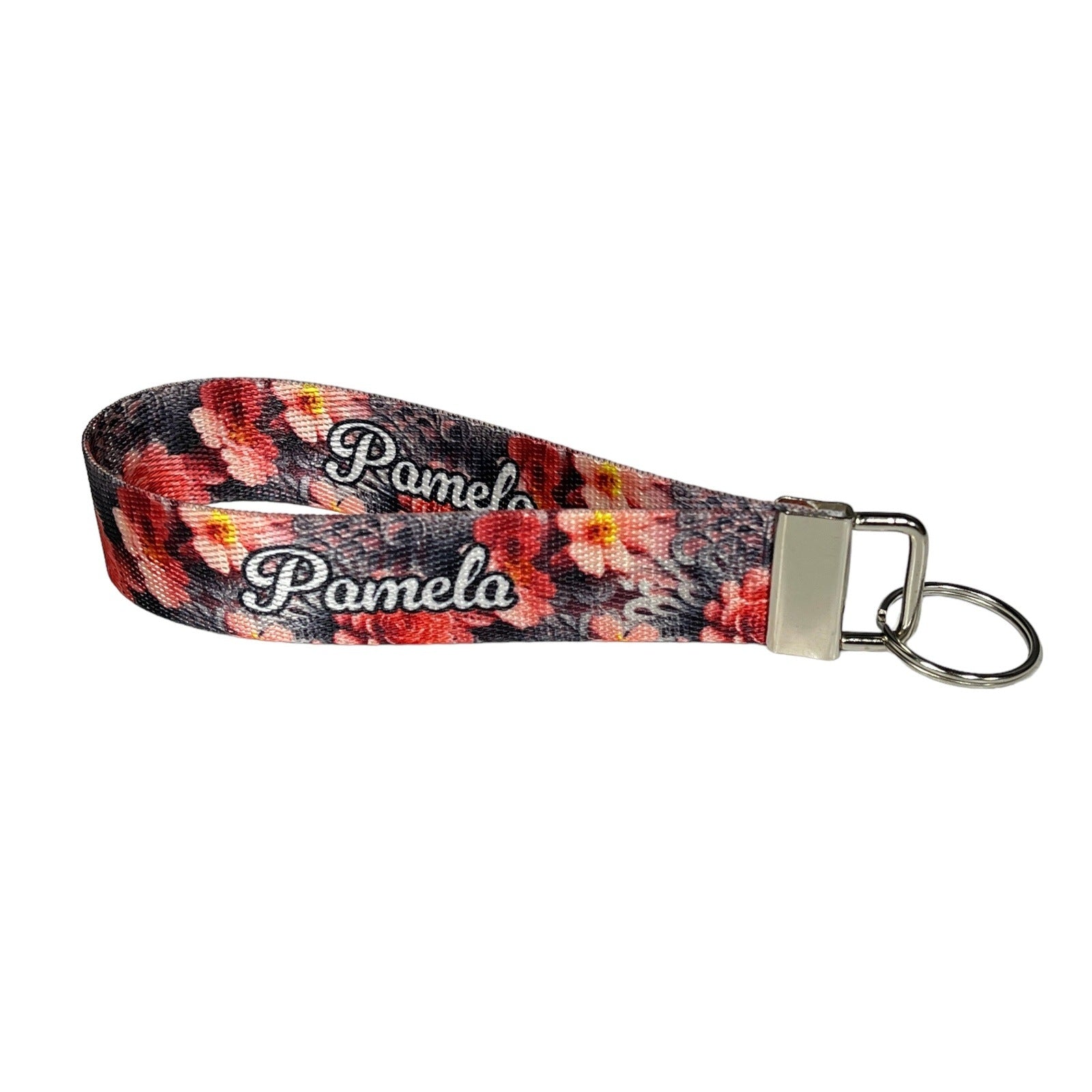 3D Floral Print Personalized Name Nylon Key Fob - Custom Wristlet Keychain