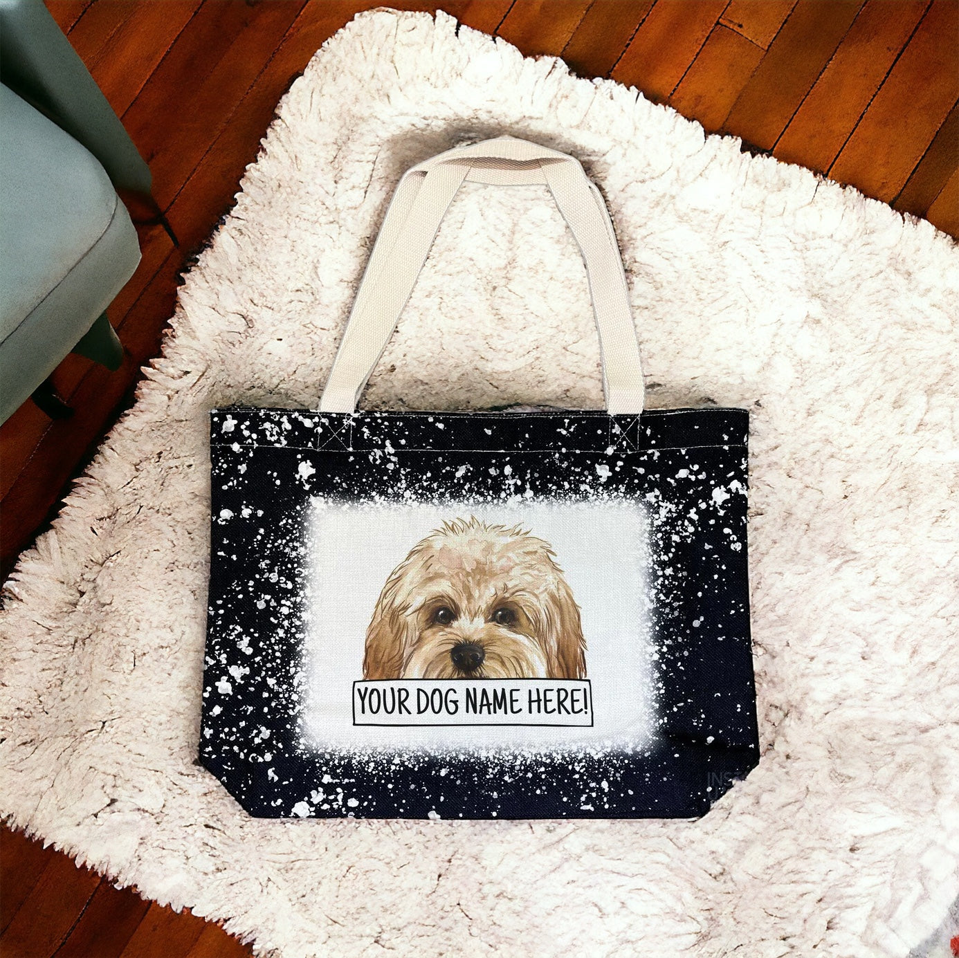 Add Your Dog Portrait and Name Custom Tote - Black Bleach Design Tote Bag