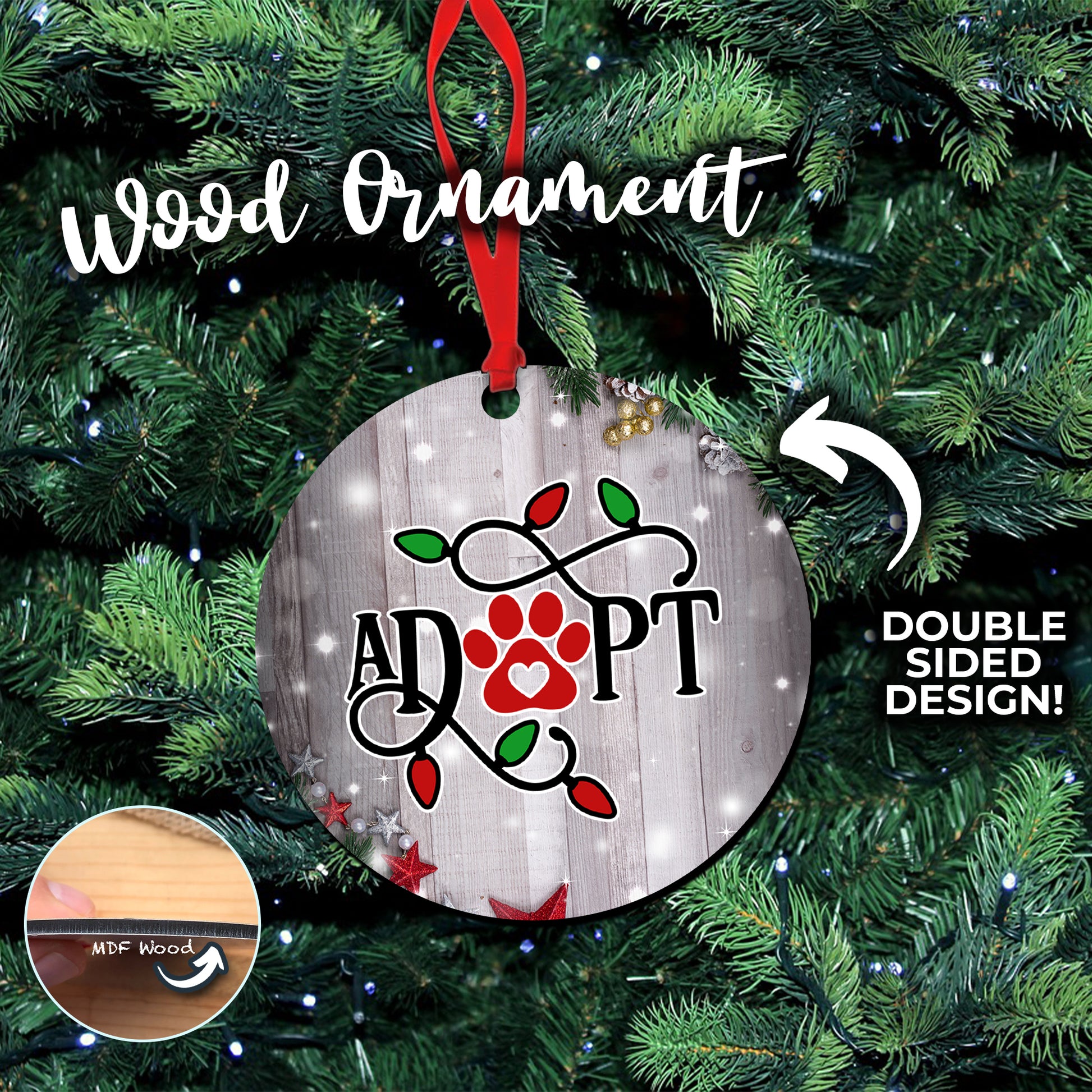 Adopt a Pet - Christmas Light Design - Double Sided Wooden Ornament