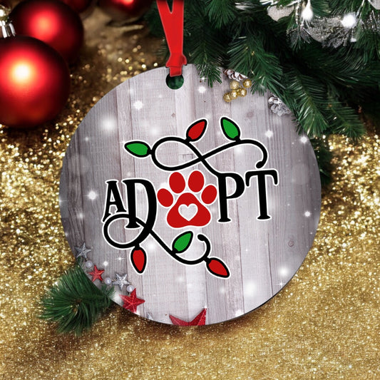 Adopt a Pet Christmas Light Design Double-Sided Wooden Ornament - Support Rescue Pets