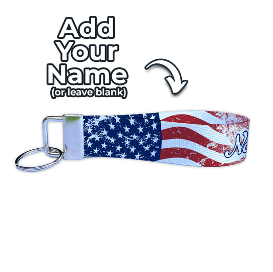 Torn American Flag Personalized Name Nylon Key Fob - Custom Wristlet Keychain