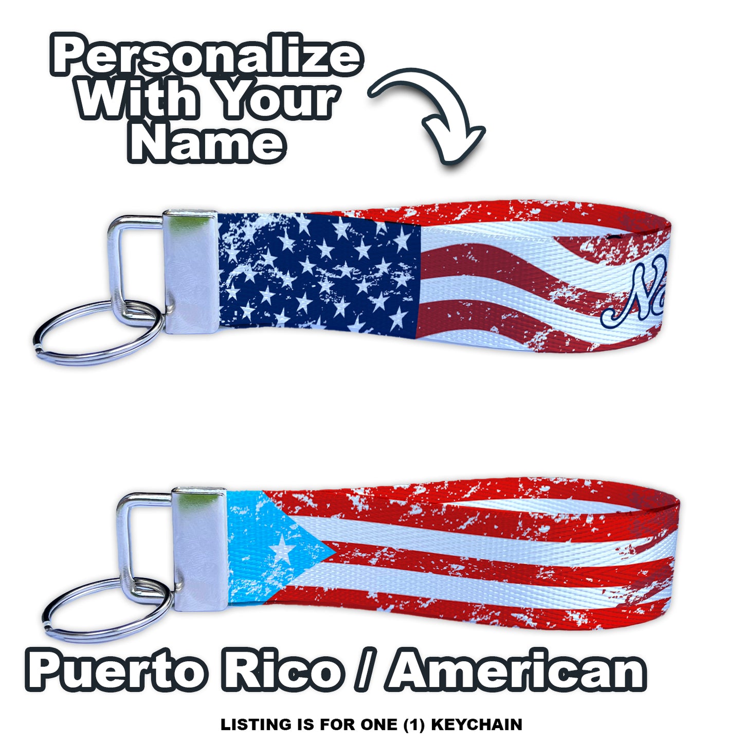 American Puerto Rican Flag Personalized Name Nylon Key Fob - Custom Wristlet Keychain