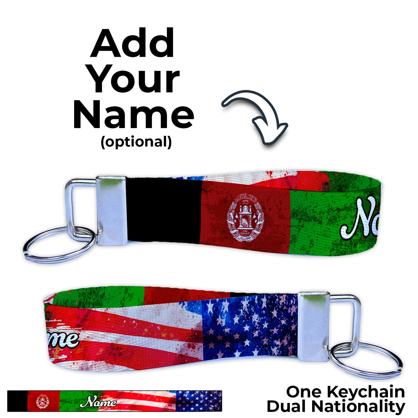 Artistic Afghanistan American Flag Ryan's Version Personalized Name Nylon Key Fob - Custom Wristlet Keychain