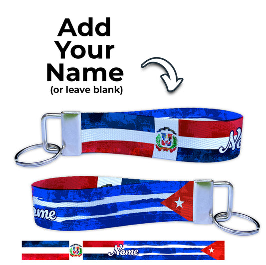 Artistic Cuban Dominican Flag Personalized Name Nylon Key Fob - Custom Wristlet Keychain