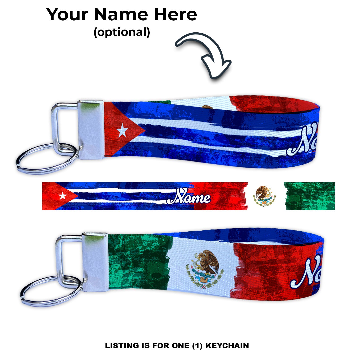 Artistic Cuban Mexican Flag Ryan's Version Personalized Name Nylon Key Fob - Custom Wristlet Keychain