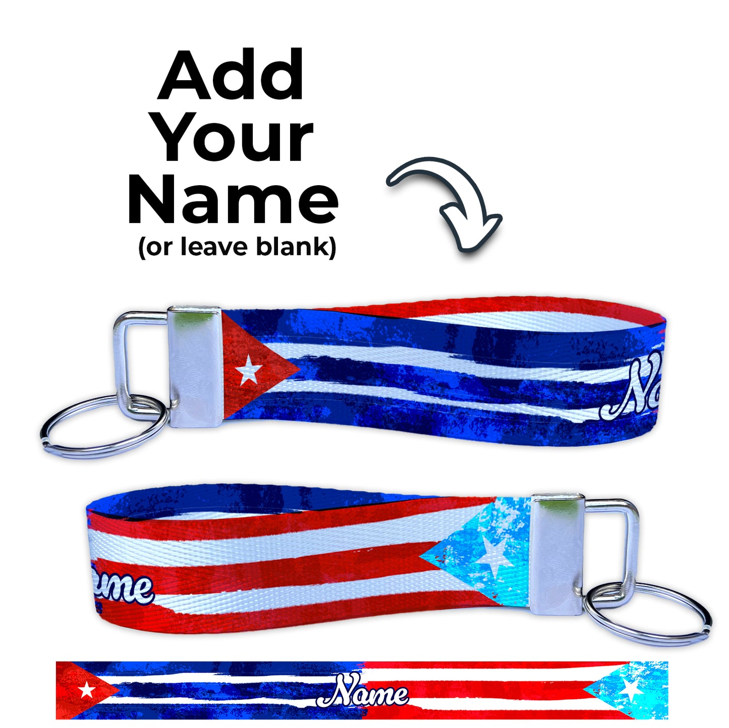 Artistic Cuban Puerto Rican Flag Personalized Name Nylon Key Fob - Custom Wristlet Keychain