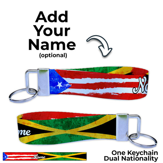 Artistic Jamaican Puerto Rican Flag Ryan's Version Personalized Name Nylon Key Fob - Custom Wristlet Keychain