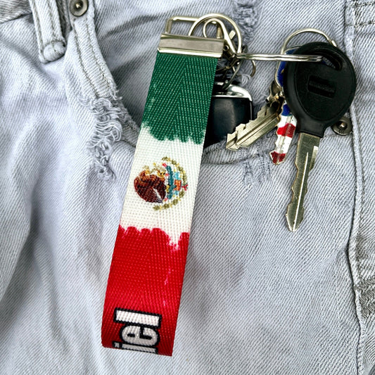 Artistic Mexican Flag Keychain Wristlet - Personalized Mexico Name Nylon Key Fob with Custom Text Option