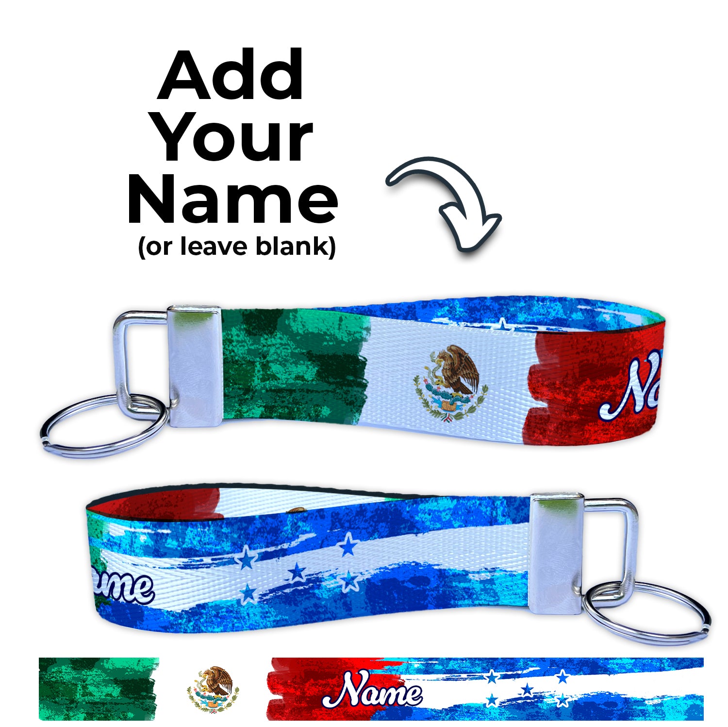 Artistic Mexican Honduras Flag Personalized Name Nylon Key Fob - Custom Wristlet Keychain
