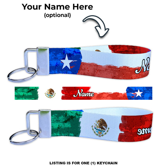 Artistic Texas Mexican Flag Ryan's Version Personalized Name Nylon Key Fob - Custom Wristlet Keychain