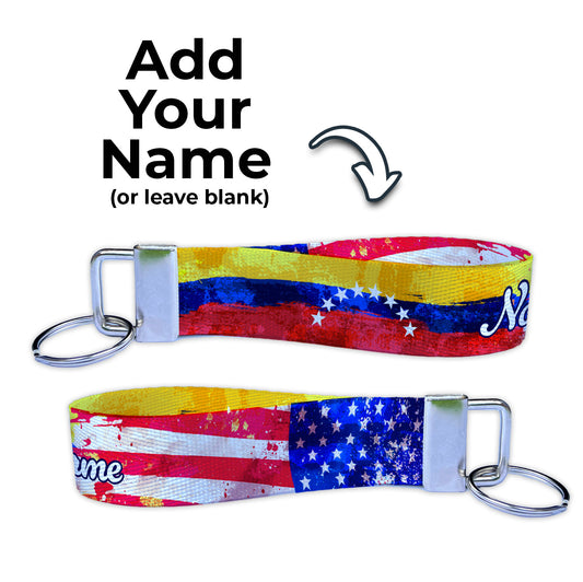 Artistic Venezuela American Flag Personalized Name Nylon Key Fob - Custom Wristlet Keychain
