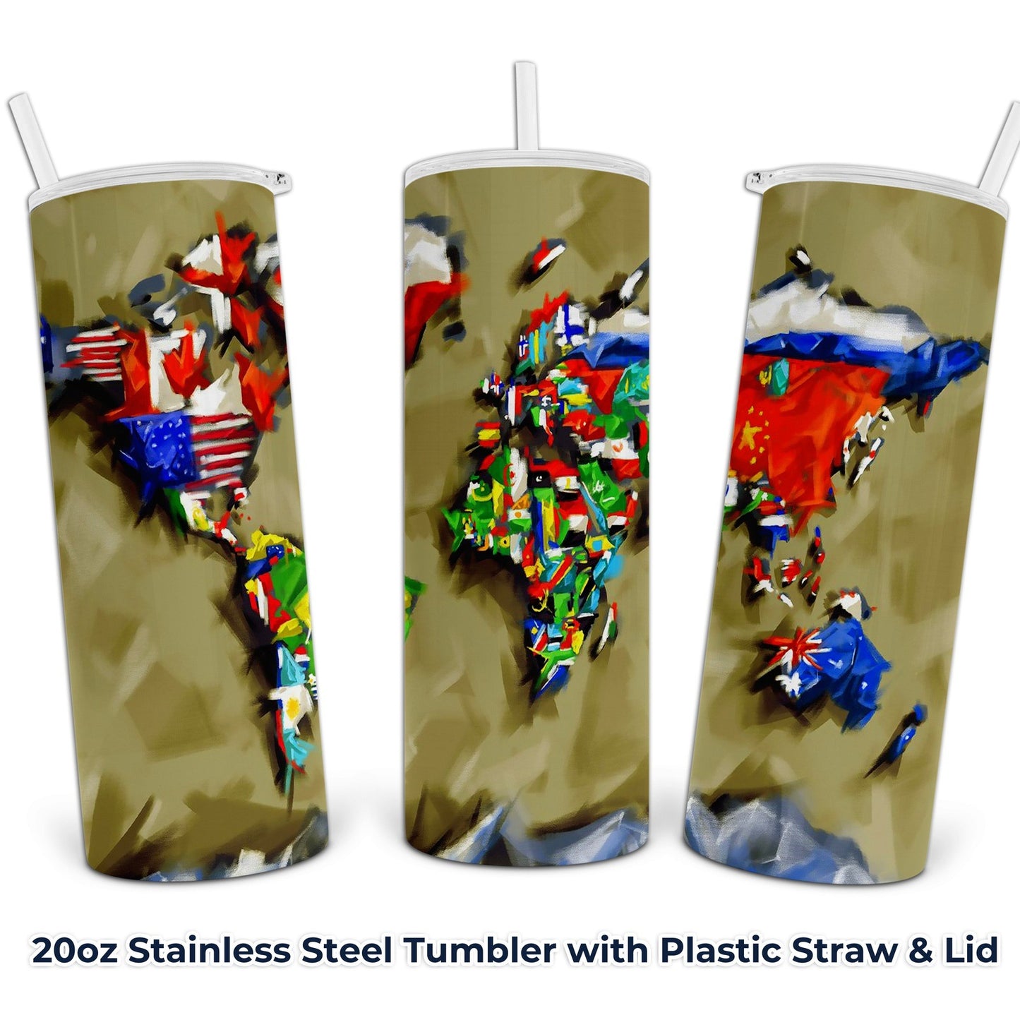 Artistic World Map Paint Brush Stroke - 20oz Stainless Steel Tumbler with Lid and Straw