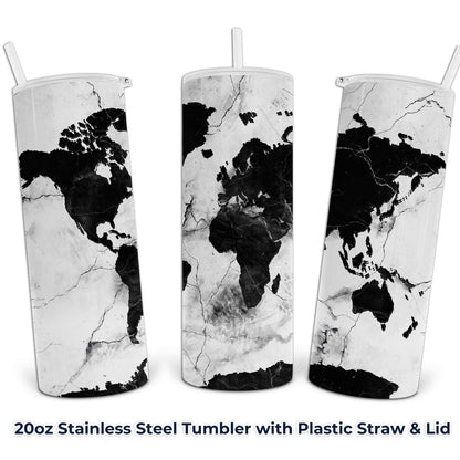 Black and White Marble World Map - 20oz Stainless Steel Tumbler with Lid and Straw