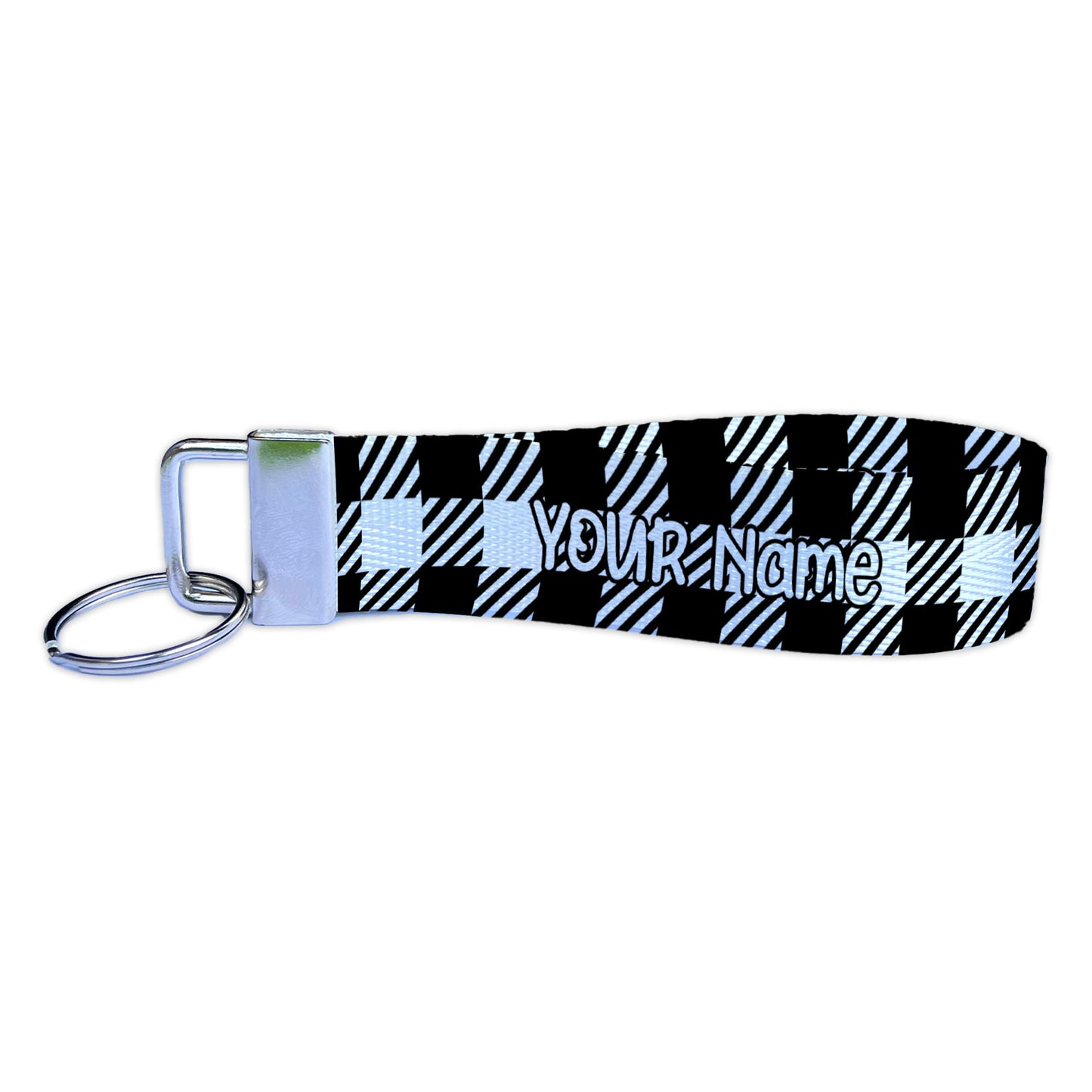 Black and White Plaid Gingham Checkered Pattern - Fall Vibes Personalized Nylon Key Fob - Custom Wristlet Keychain