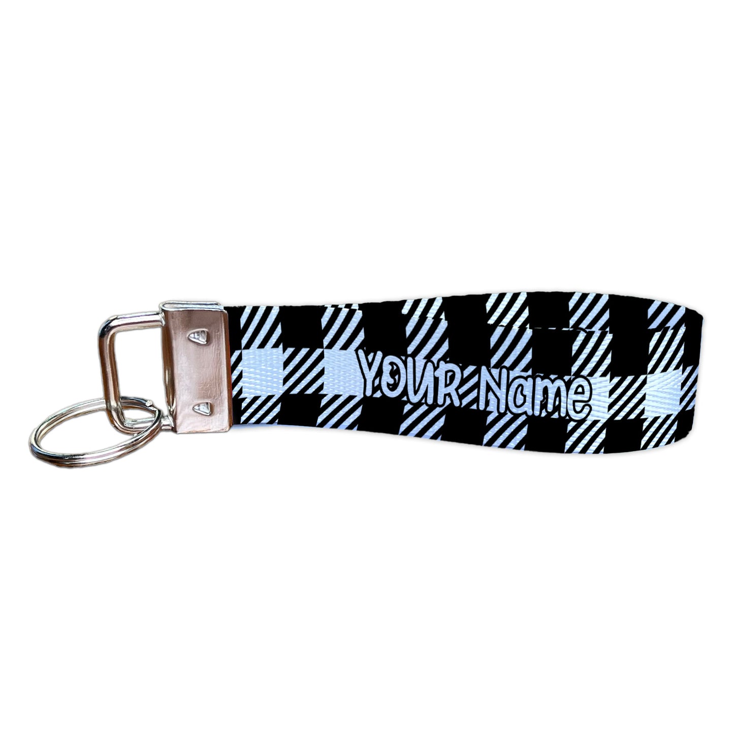 Black and White Plaid Gingham Checkered Pattern - Fall Vibes Personalized Nylon Key Fob - Custom Wristlet Keychain