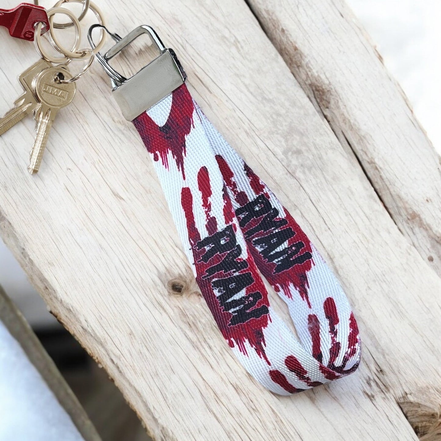 Bloody Hands Halloween Horror Keychain Wristlet - Personalized Name Nylon Key Fob with Grungy Distressed Font