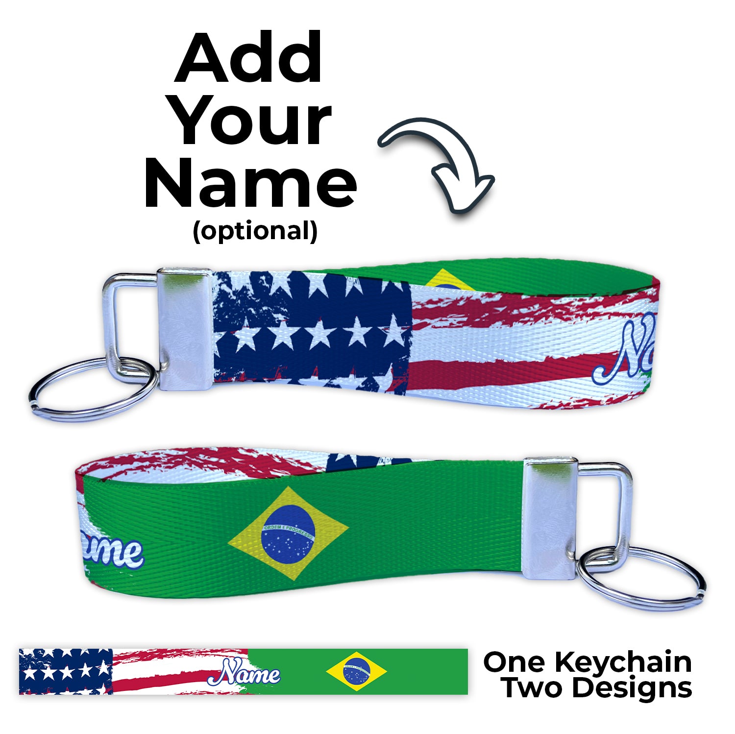 Brazil American Double Country Personalized Name Nylon Key Fob - Custom Wristlet Keychain