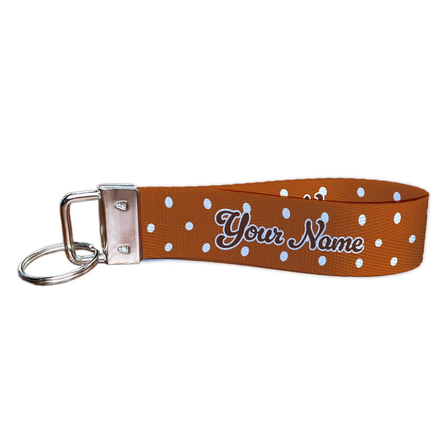 Burnt Orange Fall Polka Dots Personalized Name Nylon Key Fob - Custom Wristlet Keychain