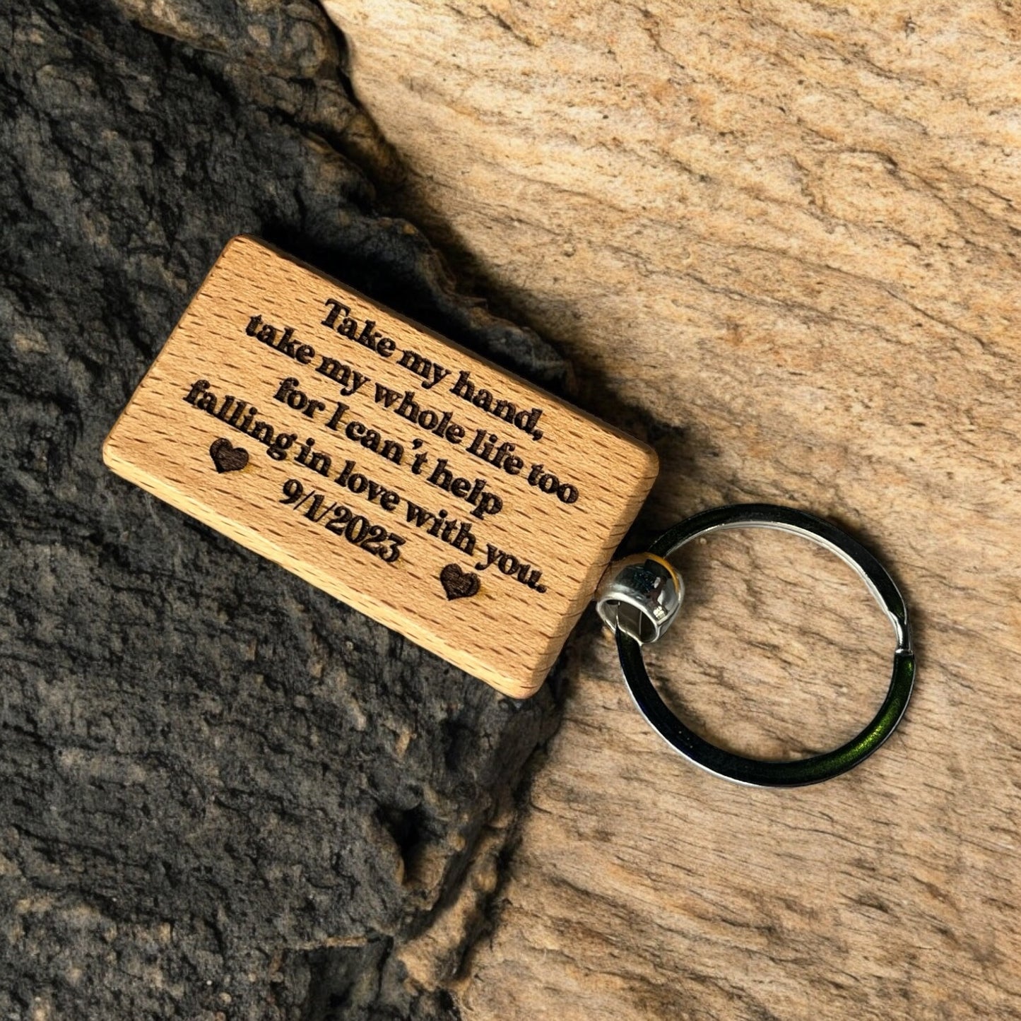 Can't Help Falling in Love with You Quote with Custom Date - Laser Engraved Wood Keychain