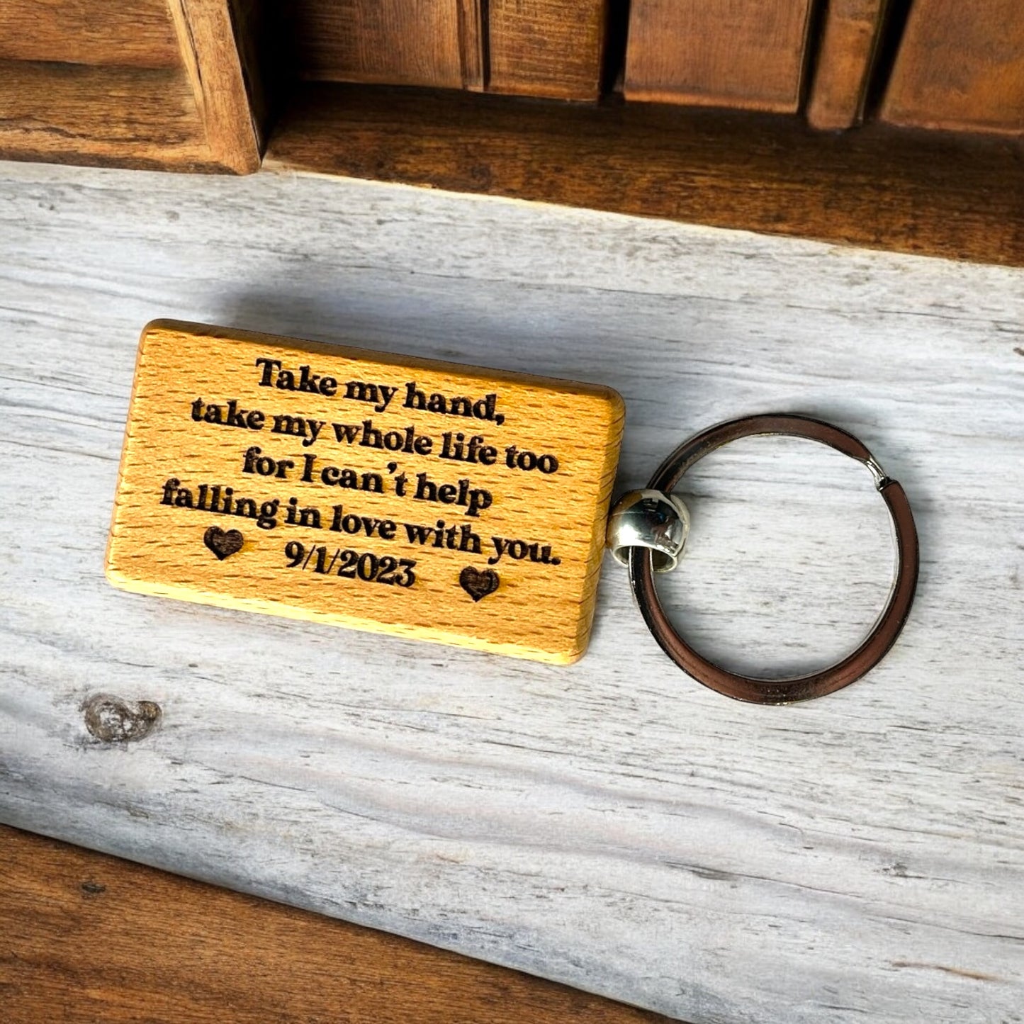 Can't Help Falling in Love with You Quote with Custom Date - Laser Engraved Wood Keychain