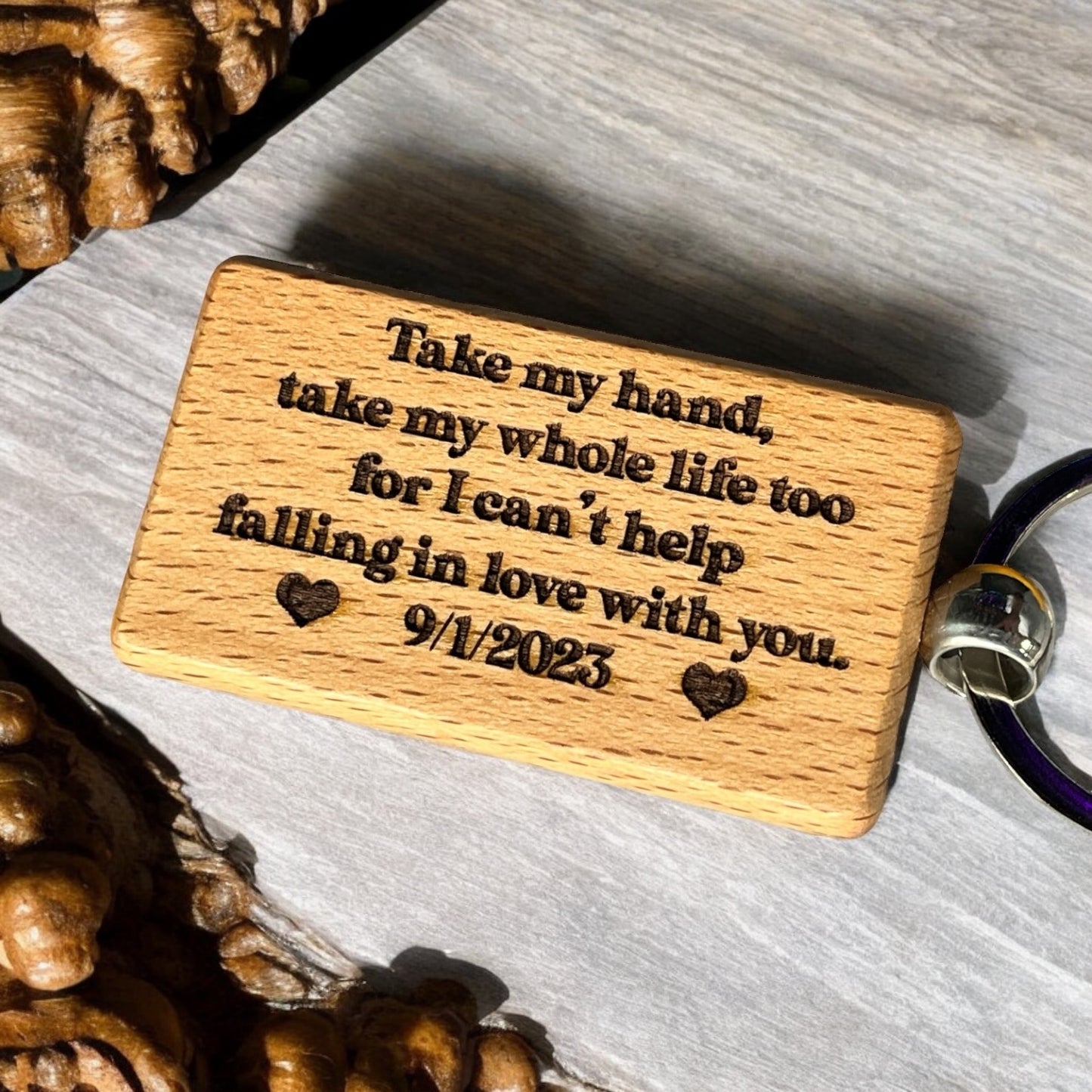 Can't Help Falling in Love with You Quote with Custom Date - Laser Engraved Wood Keychain