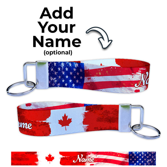 Canadian American Flag Artistic Ryan's Version Personalized Name Nylon Key Fob - Custom Wristlet Keychain