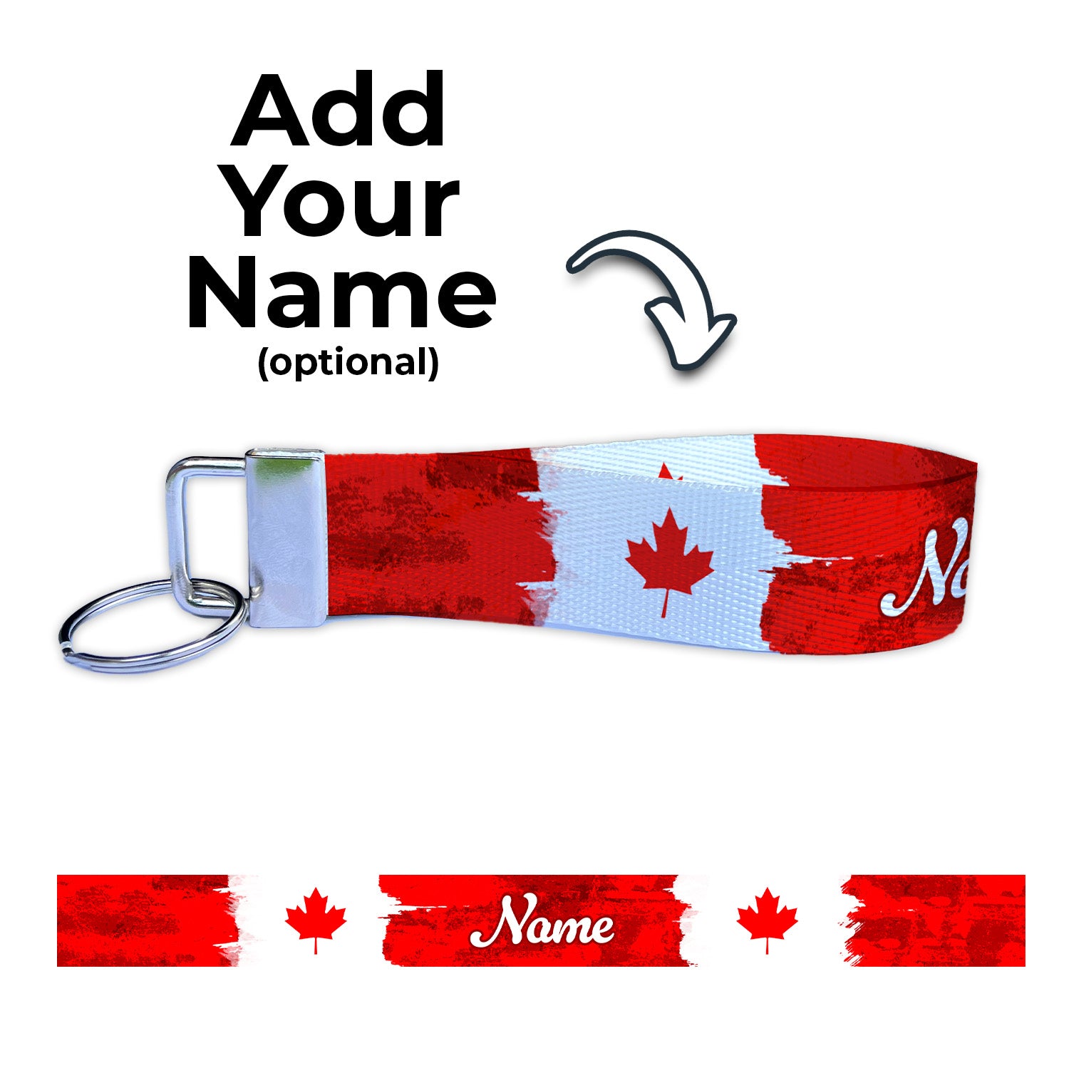 Canadian Flag Artistic Ryan's Version Personalized Name Nylon Key Fob - Custom Wristlet Keychain