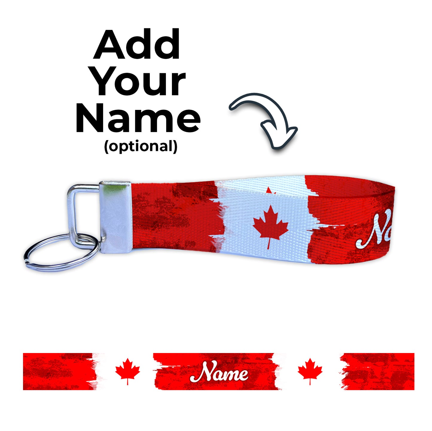 Canadian Flag Artistic Ryan's Version Personalized Name Nylon Key Fob - Custom Wristlet Keychain