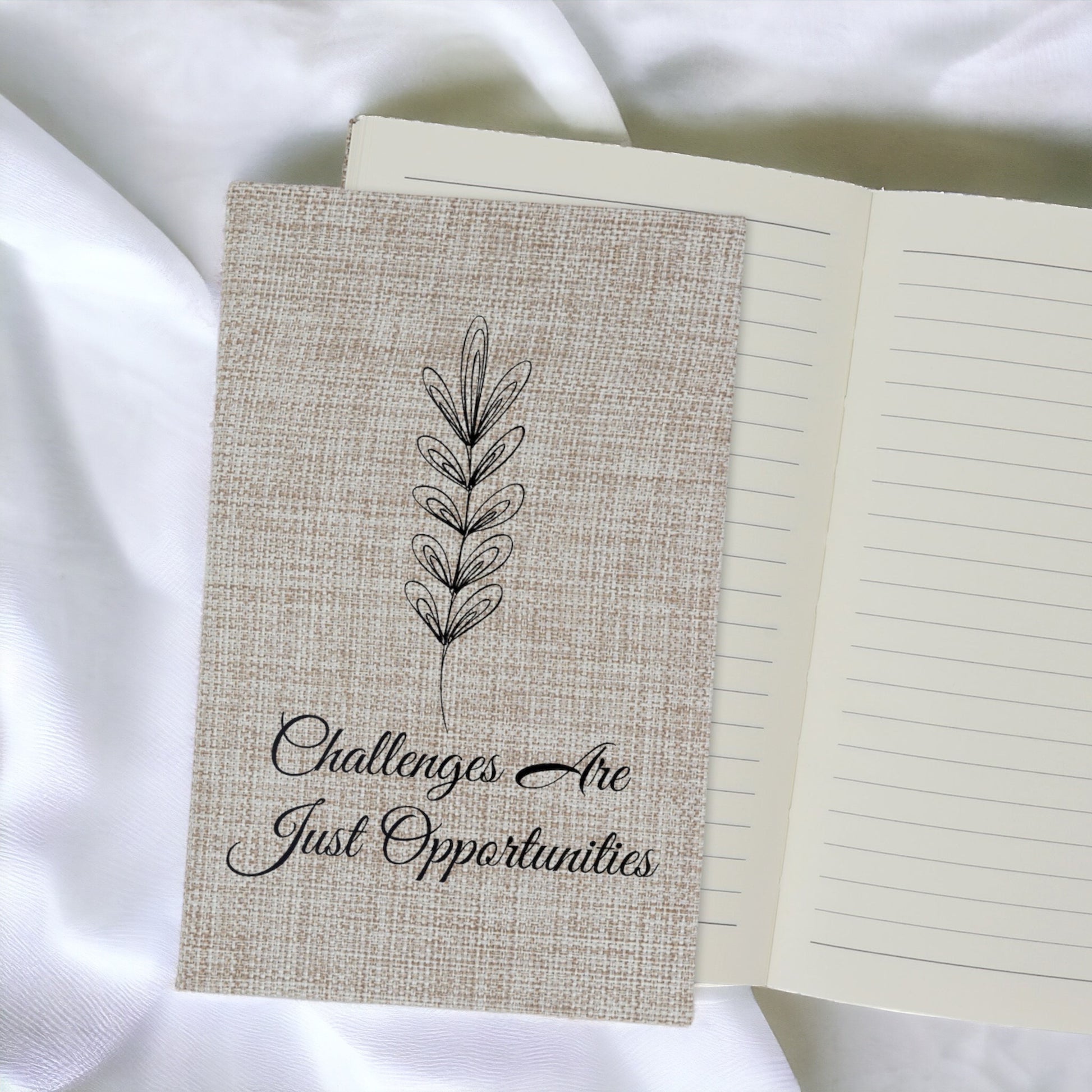 Challenges are Opportunities - Affirmation Quote Burlap Notebook Journal with Lined Pages