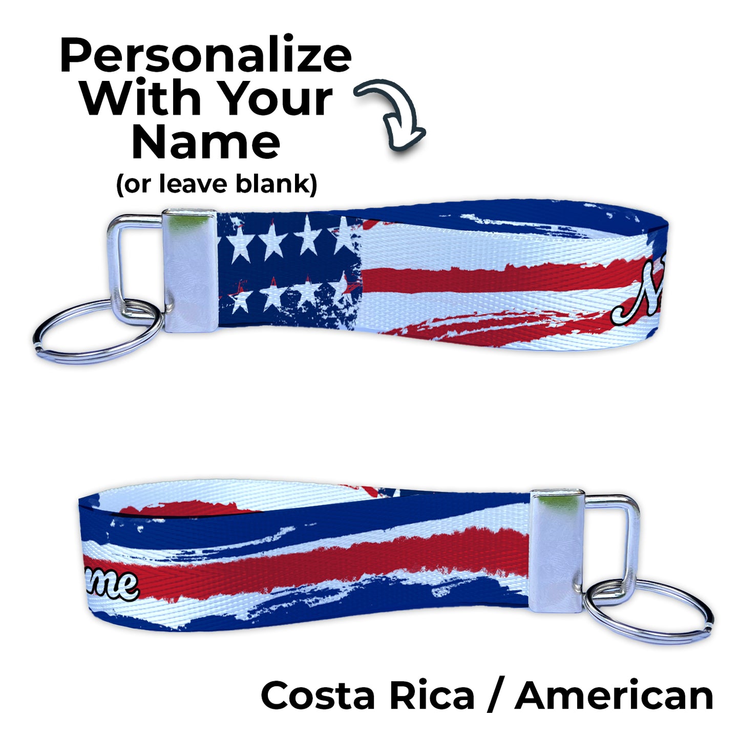 Costa Rica American Flag Personalized Name Nylon Key Fob - Custom Wristlet Keychain