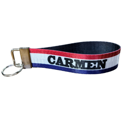 Cowboy Americana - Personalized Red, White and Blue Striped Banner Nylon Key Fob - Custom Wristlet Keychain