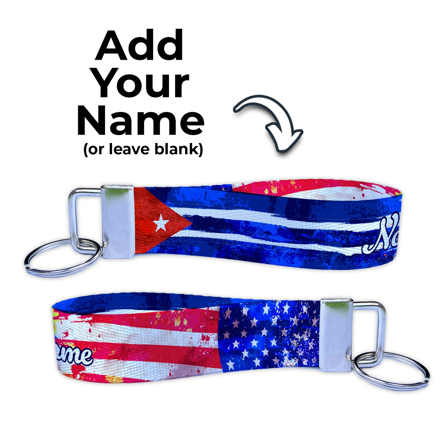 Artistic Cuban American Flag Personalized Name Nylon Key Fob - Custom Wristlet Keychain