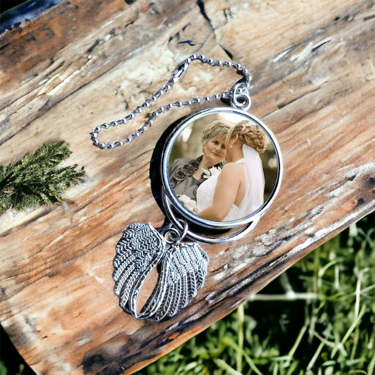 Custom Angel Wing Photo Pendant - Double Sided Picture Rearview Mirror Charm