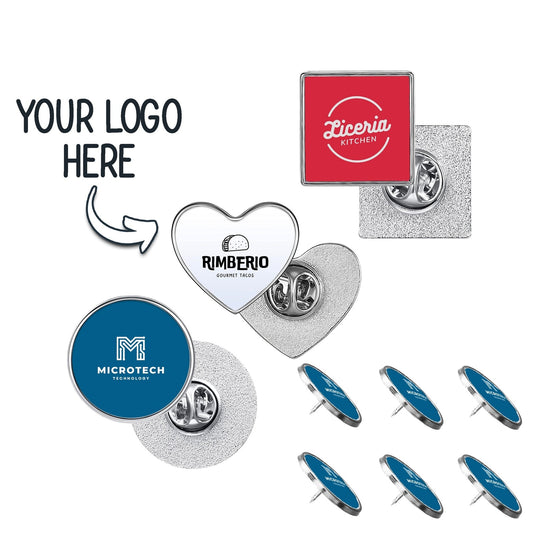 Custom Business Logo Metal Circle, Heart or Square Pin Buttons - Bulk Discounts Available