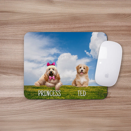 Custom Cute Dog Illustration - Outdoors Grass and Sky Design Mouse Pad