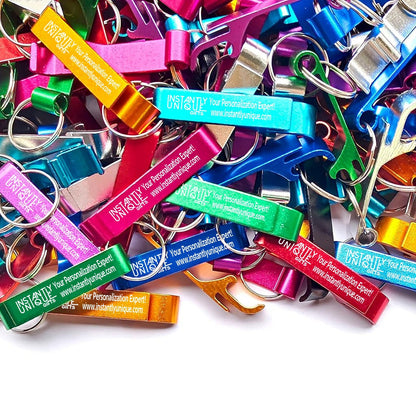 Custom Engraved Logo/Name Mixed Colored Aluminum Bottle Opener Keychains – Bulk Packs of 50, 100 & More