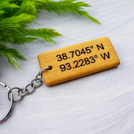 Custom GPS Coordinates Keychain - Personalized Laser Engraved Wooden Keychain - Custom Coordinates Engraved Keepsake