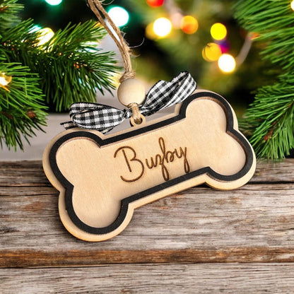 Custom Laser Engraved Dog Bone with Name Wood Christmas - Holiday Ornament – Personalized with Name