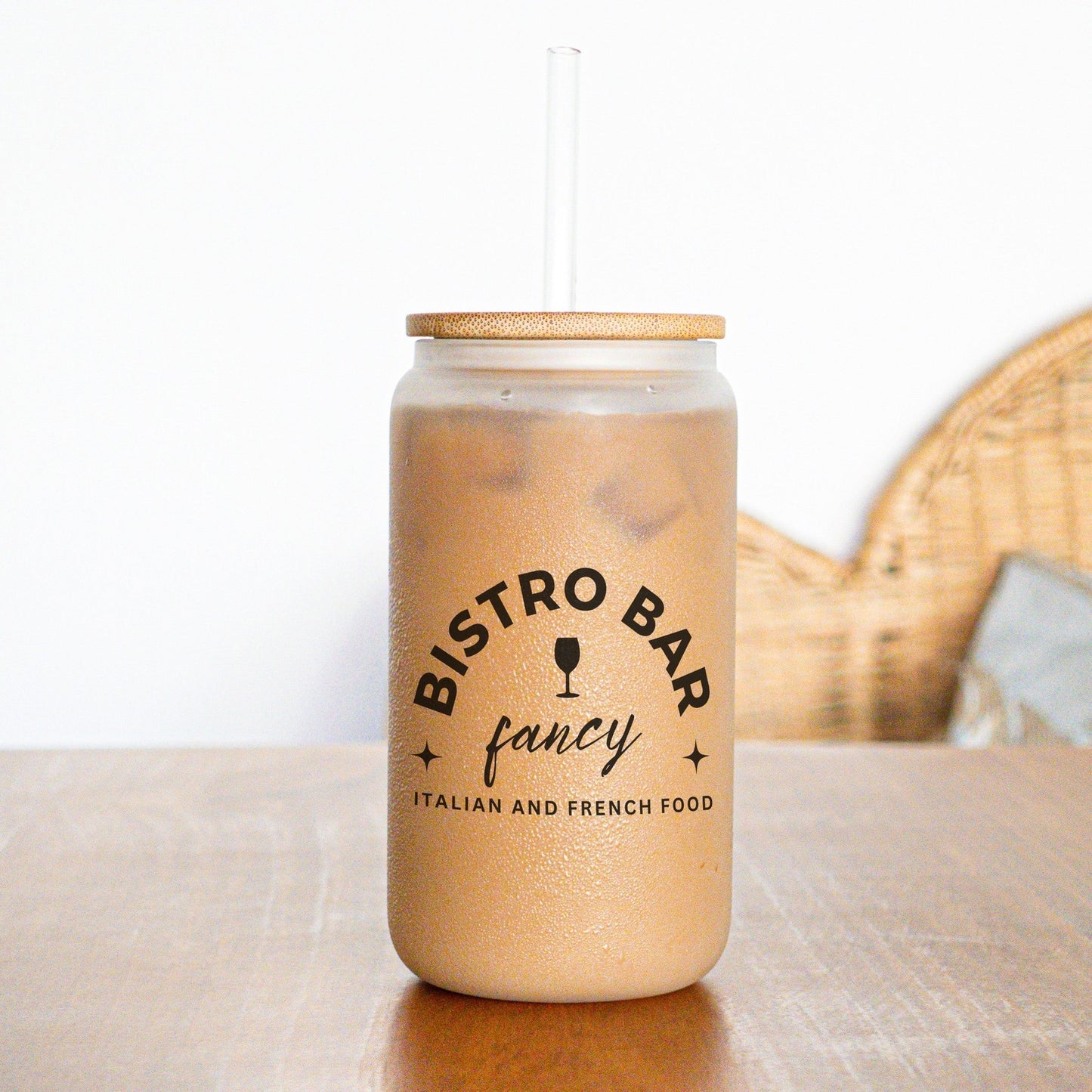 Custom Logo 16oz Frosted Glass Can with Bamboo Lid and Straw