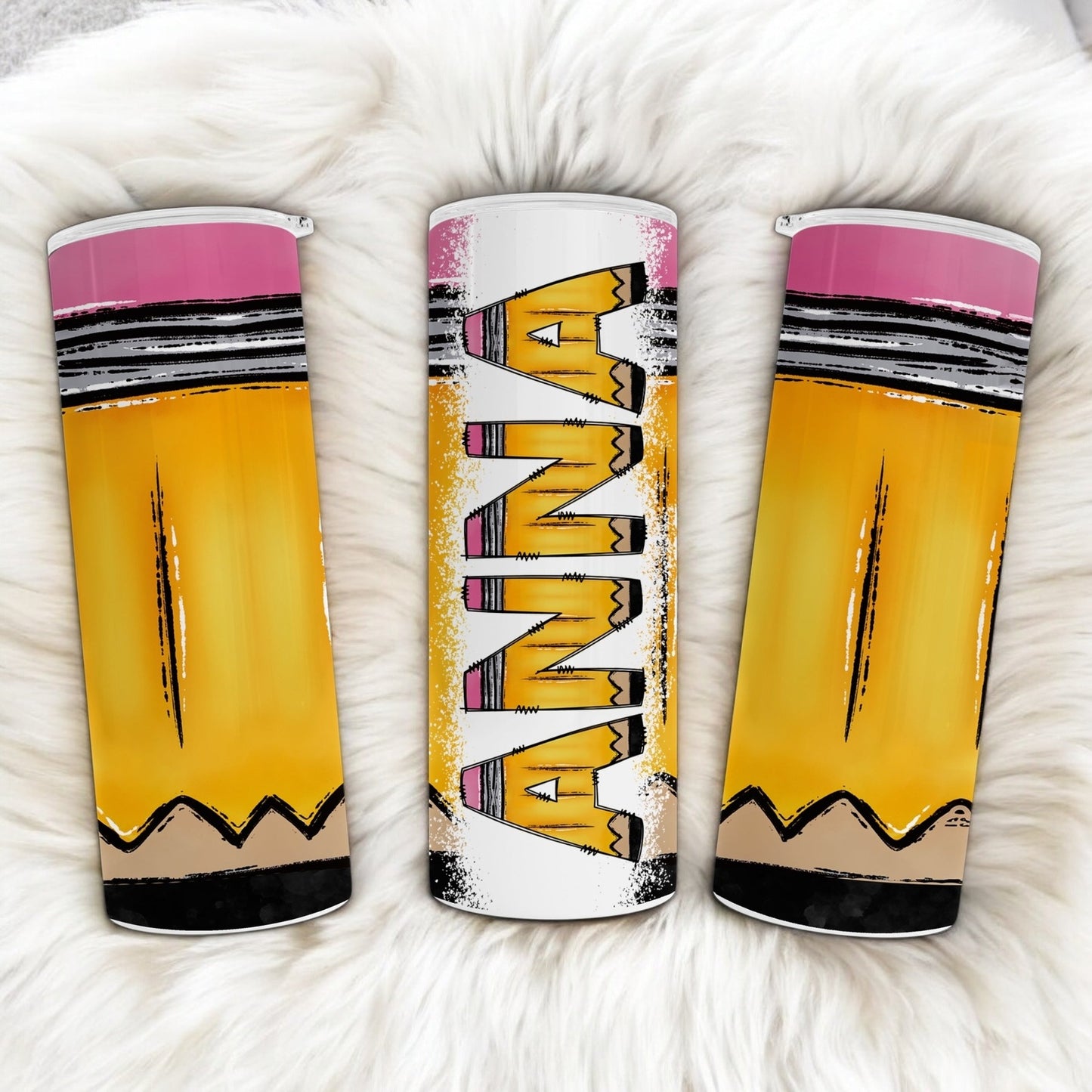 Custom Name Tumbler with Cute Doodle Pencil Design - Personalized Tumbler for Students and Teachers - Teacher Appreciation Gift