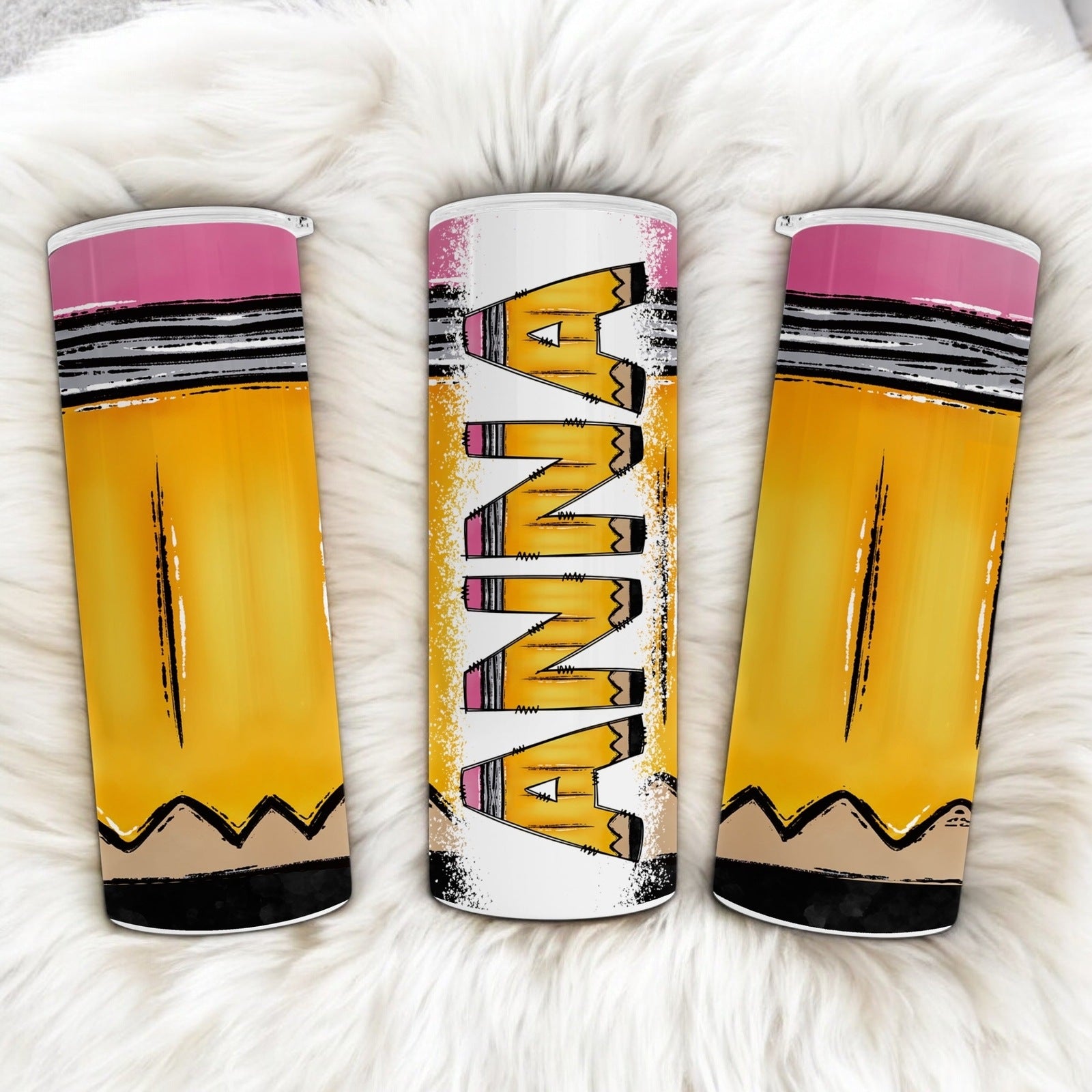 Custom Name Tumbler with Cute Doodle Pencil Design - Personalized Tumbler for Students and Teachers - Teacher Appreciation Gift