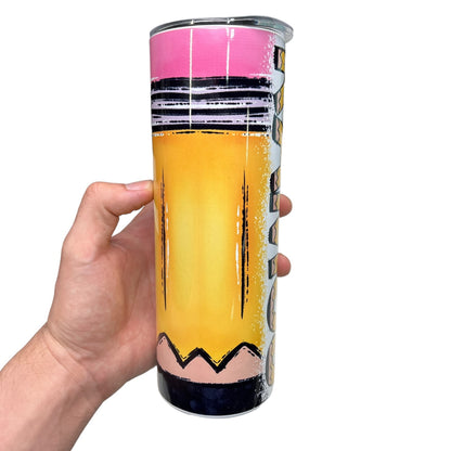 Custom Name Tumbler with Cute Doodle Pencil Design - Personalized Tumbler for Students and Teachers - Teacher Appreciation Gift