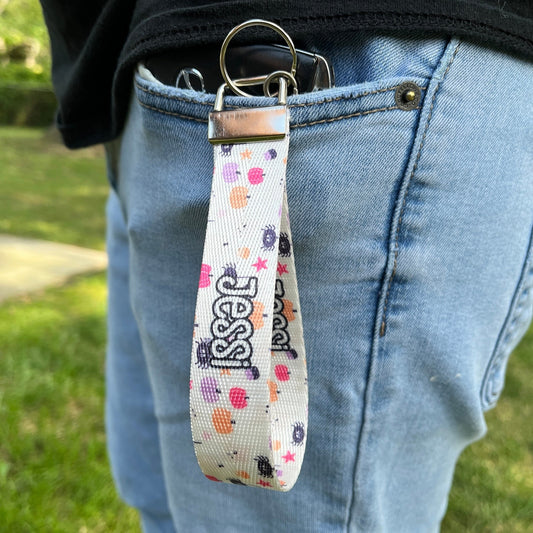 Custom Pastel Pumpkin Pattern Nylon Keychain Wristlet - Personalized Halloween and Fall Accessory for Keyring, Backpack, or Purse