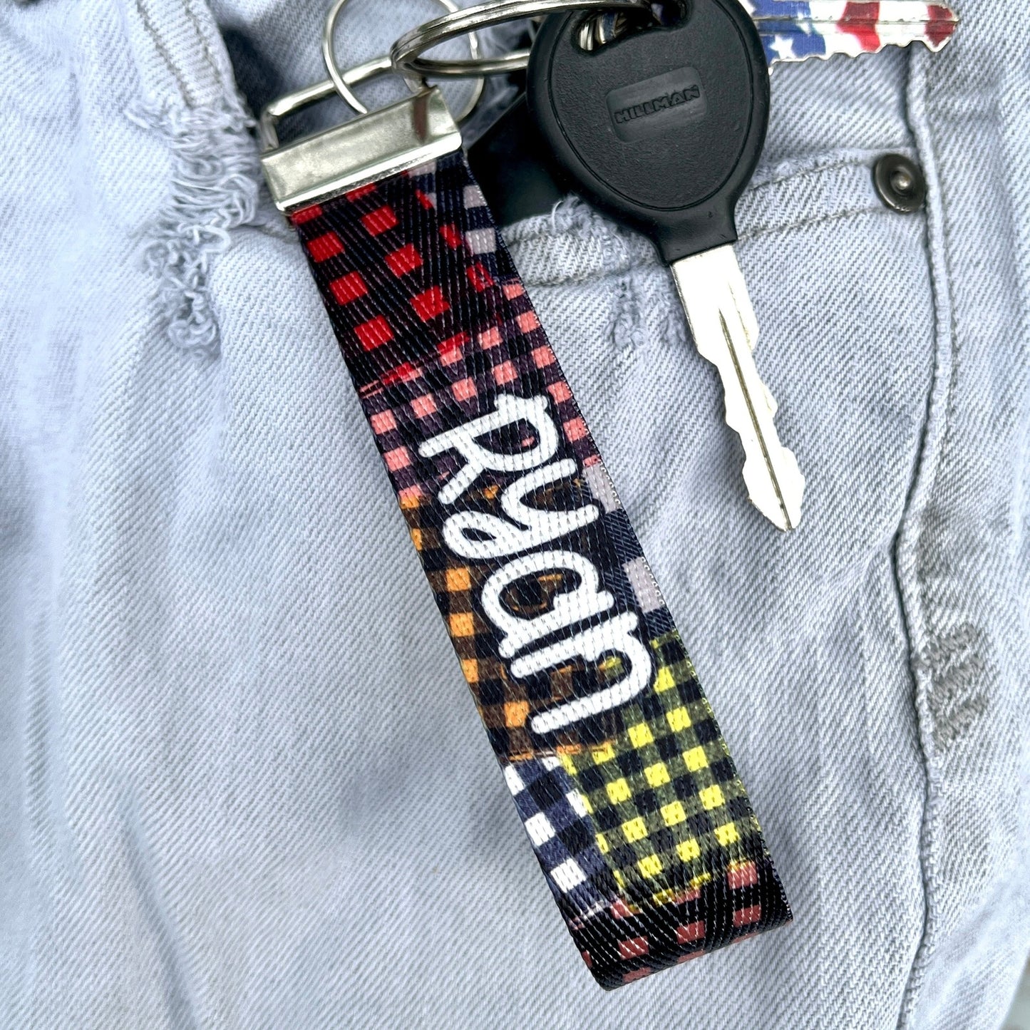 Custom Patchwork Flannel Design Nylon Keychain Wristlet - Personalized Cozy Fall Accessory for Keyring, Backpack, or Purse