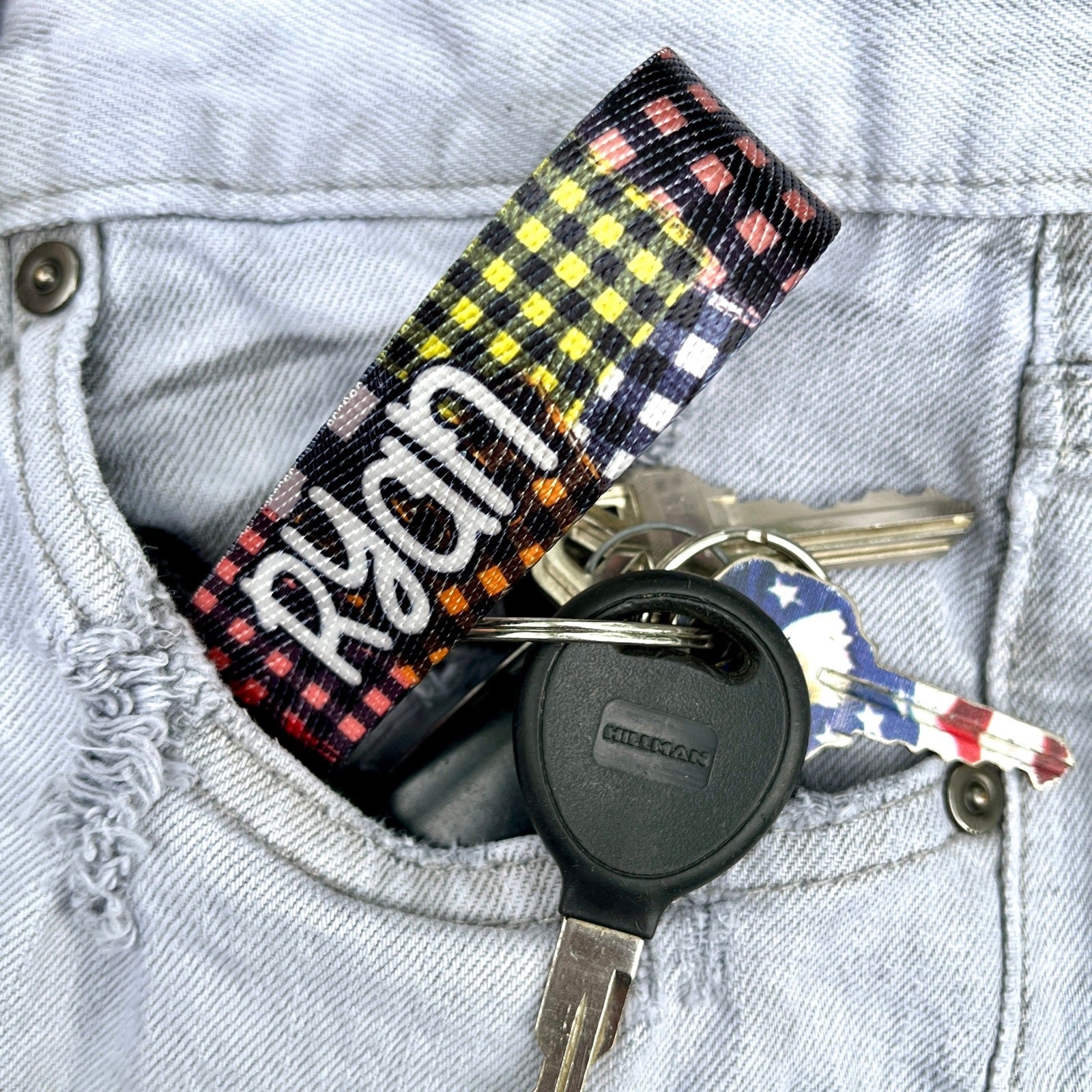 Custom Patchwork Flannel Design Nylon Keychain Wristlet - Personalized Cozy Fall Accessory for Keyring, Backpack, or Purse