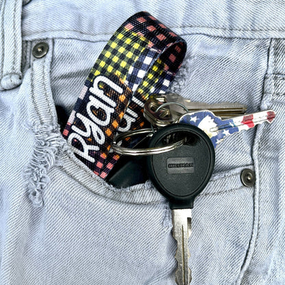 Custom Patchwork Flannel Design Nylon Keychain Wristlet - Personalized Cozy Fall Accessory for Keyring, Backpack, or Purse