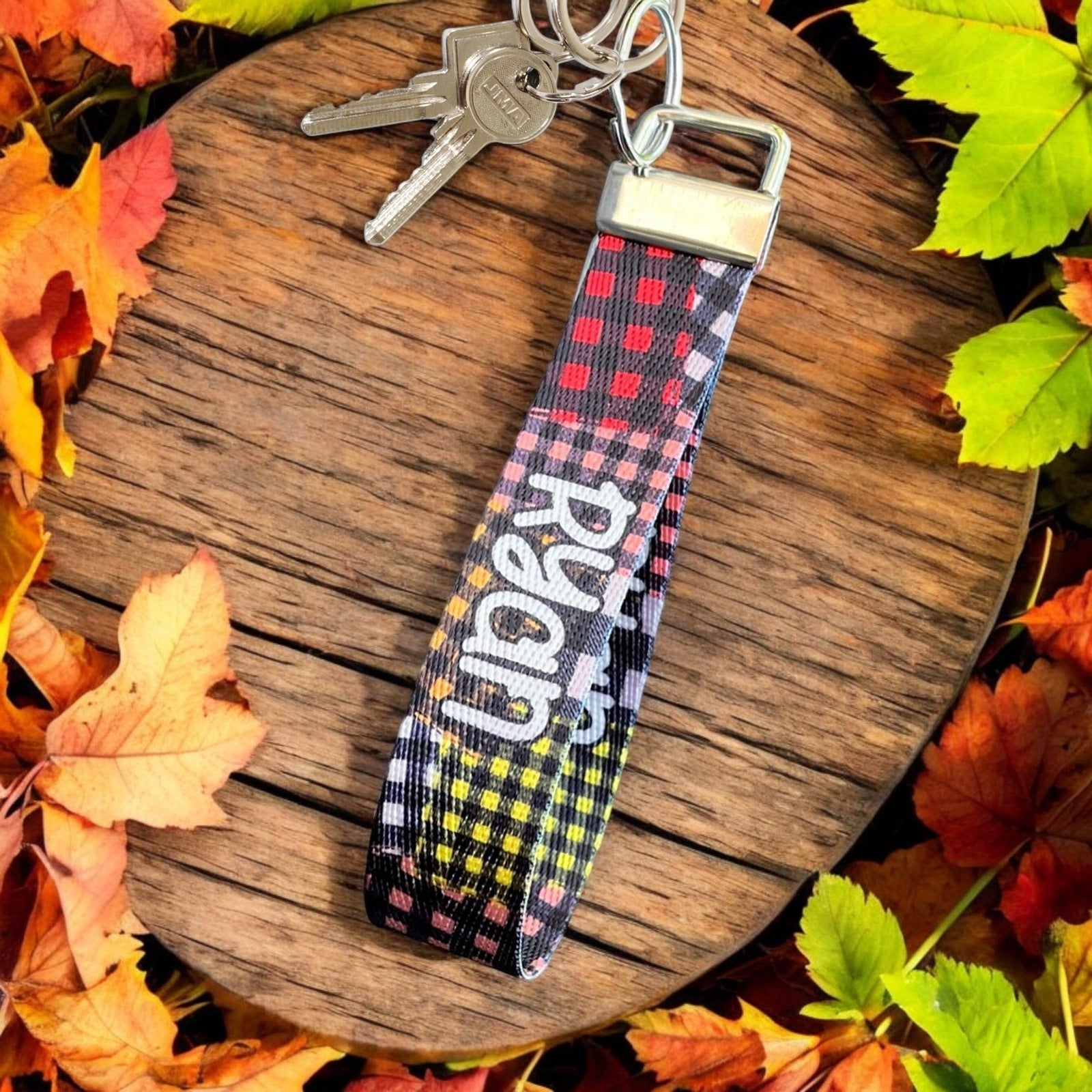 Custom Patchwork Flannel Design Nylon Keychain Wristlet - Personalized Cozy Fall Accessory for Keyring, Backpack, or Purse