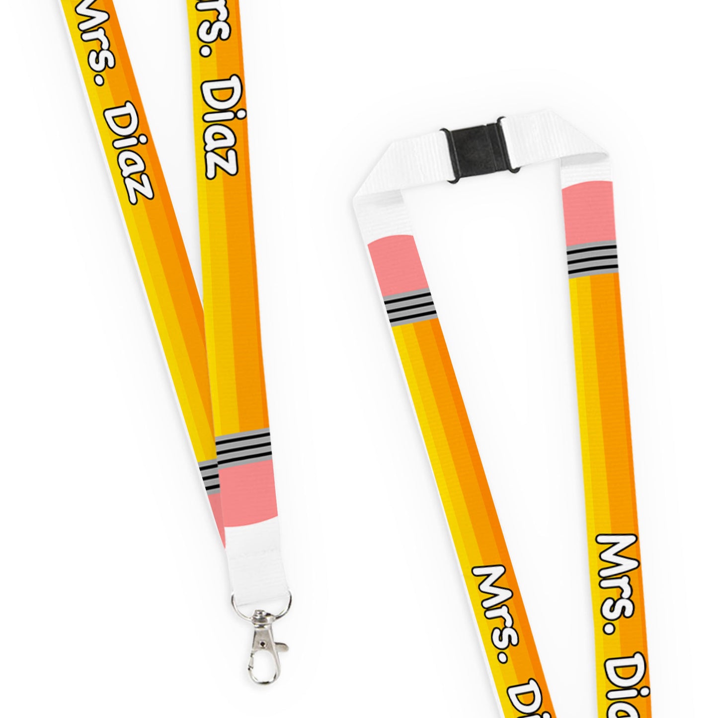 Custom Pencil Graphic Long Lanyard with Breakaway Clasp - Personalized Name Text for Work, School, or Events